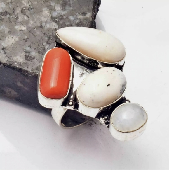 New Dendritic Opal, Coral, Rainbow Moonstone 925 Silver Statement Ring. - Picture 14 of 14